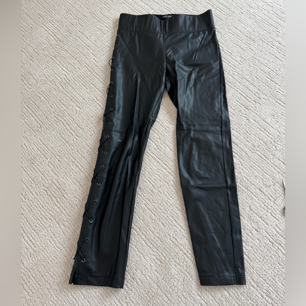 Black lace up side faux leather leggings